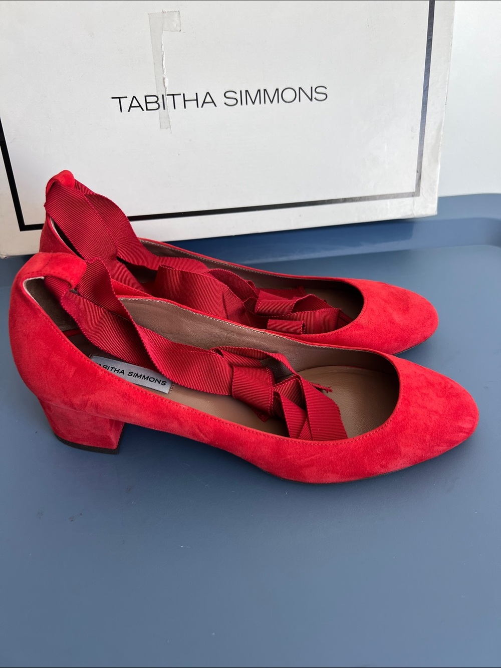 Tabitha Simmons red suede block low heel with ribbon wrap around ankle bows 37